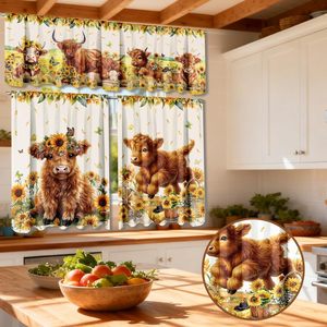 3 pièces Rideaux <span class=keywords><strong>de</strong></span> cuisine, cantonnières et draperies pour fenêtres, motif Vache des Highlands et Tournesol, style Ferme Printanière, Décoration - Product Image 5