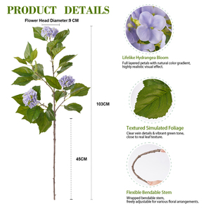 Rama de Hortensia Morada Artificial de 103 cm, Flor Realista para Decoración de Bodas y Hogar, Venta al Por Mayor - Product Image 6