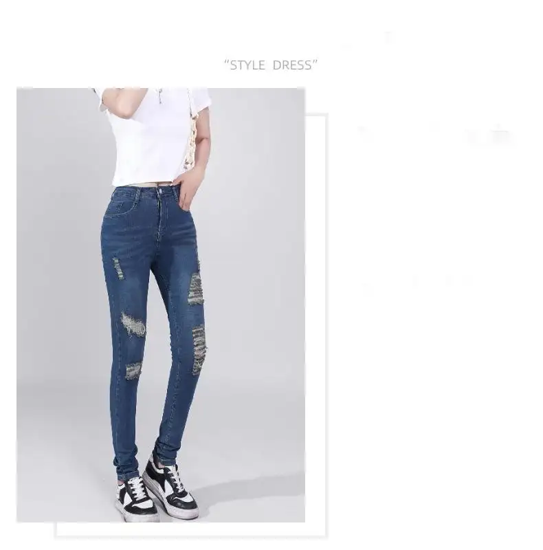 Neue Jeans Großhandel Qualität Elastic High Waist Vintage Blue Wash Hole Enge Jeans für Frauen
