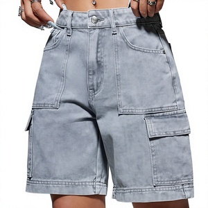 Short cargo en jean délavé uni, taille mi-haute, avec fermeture boutonnée, style Bermuda pour homme, décontracté, été, streetwear - Product Image 1