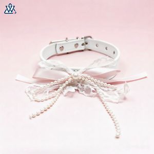 Collar para mascotas con lazo y encaje de perlas, ajustable para gatos, perros de raza pequeña, estilo elegante, color azul claro, rosa, color sólido - Product Image 1