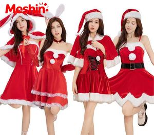 Costume de Noël pour femme Mesbin, robe en velours rouge avec bordure en fourrure blanche, tenue de fête de Noël, taille adulte - Product Image 1