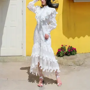 Custom 2023 Long Sleeve White Tie Waist Puff Sleeve Elegant Stylish Casual Summer Maxi Lady Dress