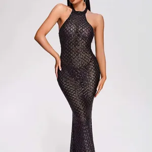 BEISHI See Through Sexy Backless Mesh Bling Rhinestone Sequin Party Mini NightClub Club Birthday Wear Maxi Dresses