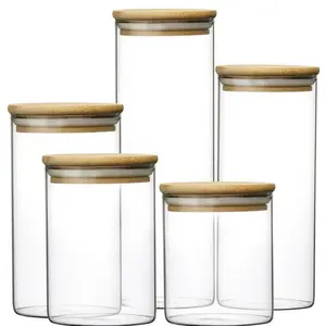 Pot de stockage en verre Borosilicate, avec couvercle en bambou, pot à épices en verre et couvercle en bois