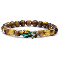 Lot de 2 bracelets porte-bonheur Feng Shui en pierre naturelle œil de tigre, énergie curative, charme Pixiu Dragon, bracelet de richesse pour hommes