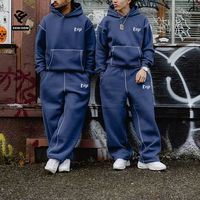 Ensemble de survêtement à capuche en molleton personnalisé avec surpiqûres contrastées, sweat-shirt à capuche surdimensionné, ensemble deux pièces pour hommes