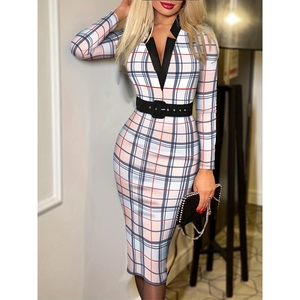 เดรสแฟชั่นใหม่ลายสก็อต คอวี ทรงเข้ารูป แขนยาว สำหรับผู้หญิง สไตล์เซ็กซี่ - Product Image 2