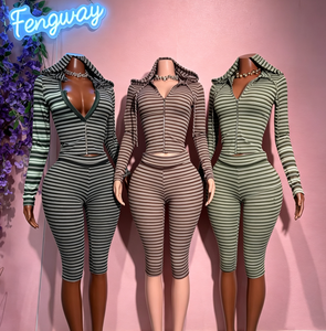 2026 Fall Women Hooded Stretch Stripe <strong>Print</strong> Capris Two Pieces <strong>Set</strong> With Long Sleeve Cardigan +High Waist Capris Leg - Product Image 2