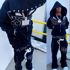 OEMメーカーダブルウエストバギースタックパンツスウェットスーツカスタムY2kラインストーンフレアスウェットパンツフード付きスウェットシャツセット - Product Image 2