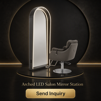 Miroir de salon LED arqué sur pied avec éclairage intégré et prise intégrée pour chaise de coiffure