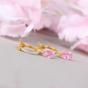 Boucles d'oreilles pendantes en argent sterling 925 plaqué or 14 carats avec saphir rose et diamants, bijoux de mariée pour femmes - Product Image 1