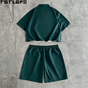 Cut And <b>Sew</b> Panelled Shirt <b>Set</b> Wavy Colorblock Short Sleeve Button Down Matching Shorts Streetwear Co-Ord Wholesale - Product Image 5
