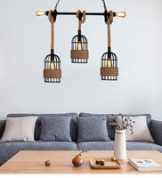 Lustre Cage à Oiseaux Industrielle Rétro pour Restaurant ou Bar E27 Lampe Décorative en Corde de Chanvre Style Rustique Forme Longue
