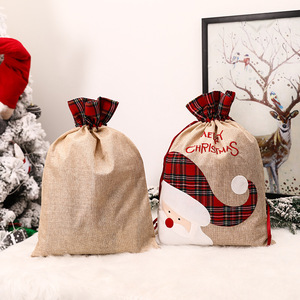 Ready to Ship Reusable Plaid Trim Embroidered Burlap Christmas Sack Drawstring Design for <b>Xmas</b> Gift Packaging - Product Image 2