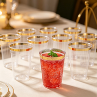 Verre à vin jetable en plastique transparent rigide de haute qualité avec bord doré pour fête, mariage, anniversaire, cocktail, boisson