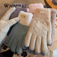 Gants d'hiver tricotés en peluche épaisse pour écran tactile, vente en gros OEM, gants chauds à doigts complets pour le cyclisme en extérieur et la conduite