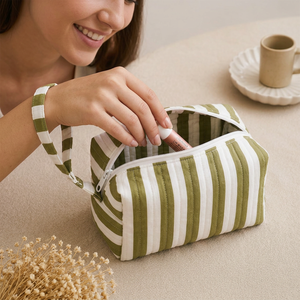 Wholesale 100% Cotton Quilted Bold Stripe Makeup <b>Bag</b> Zipper Cosmetic Pouch Custom Printed Travel Organizer Private Label - Product Image 1