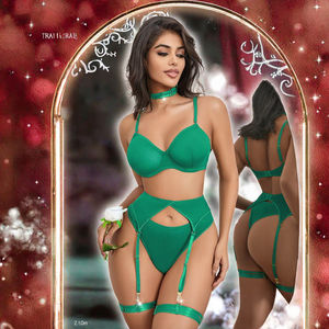 Conjunto de Lencería Sexy con Guantes Finos de Encaje Rosa y Control Ligero de Color Sólido - Product Image 3