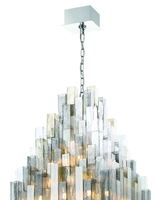Lustre rectangulaire multi-niveaux en verre empilé de style Art Déco, design sculptural vintage américain, pour hall d'hôtel à plafond haut