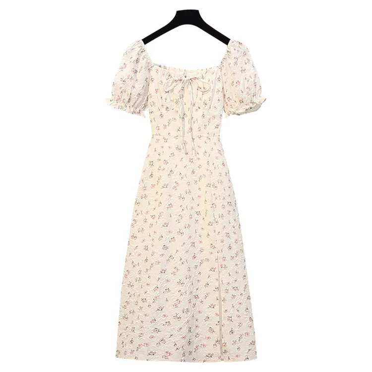 Cute Square Collar Puff Sleeve Cotton Dress for Women Elegant Ladies High Waist Short Sleeve Dress Plus Size