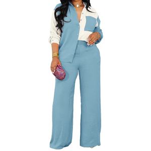 Women's Colorblocking Pocket Casual Shirt Blouse <b>Pants</b> 2 Piece Set Fashion - Product Image 5