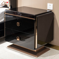 Table de chevet moderne de luxe italienne avec miroir, 2 tiroirs, bois massif brillant, cuir écologique, métal, rangement
