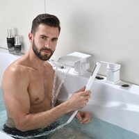 Robinet de baignoire Huagao blanc sur pied en laiton massif, design contemporain, 1 trou, bec de douche effet pluie, chaud/froid, double poignée, valve en céramique