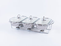 Ensemble de 3 réchauds en céramique martelée dorée avec couvercle en verre et support chauffant doré, réchaud rectangulaire pour buffet, idéal pour la restauration