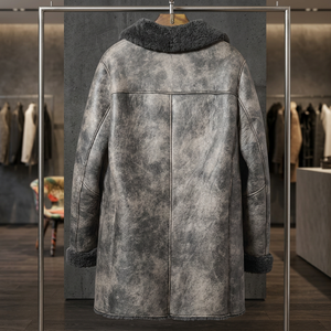 Veste en cuir véritable pour homme avec doublure en fausse fourrure, col rabattable, coupe-vent, style vêtement de travail, finition épaisse et lavée - Product Image 3