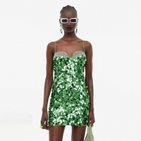 Robe mini sexy à paillettes et strass, sans dos, sans manches, à bretelles, verte, pour soirée