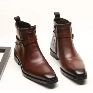 Sepatu bot kulit asli tali gesper pria, sepatu bot kualitas tinggi, sepatu kantor sol karet, sepatu bot pria