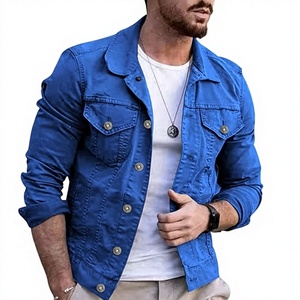 Men's Blue Denim Jacket Casual Button Front Solid Color Slim Fit Autumn Winter Cotton Knitted Topstitch Design Eco-Friendly - Product Image 1
