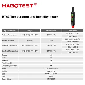 HT62 4-in-1 เครื่องวัดความชื้นแบบดิจิตอลแบบพกพา เครื่องวัดอุณหภูมิและความชื้น พร้อมฟังก์ชั่นวัดอุณหภูมิหลอดแก้วเปียก/จุดน้ำค้าง อุณหภูมิสูงสุด/ต่ำสุด/ความชื้น แบบปากกา - Product Image 4
