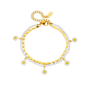 Chaîne de cheville double rangs en acier inoxydable doré avec breloques florales, perles ovales et perles blanches, pour femme, idéale pour l'été et la plage - Product Image 6