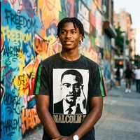 T-shirt vintage délavé pour homme 100 % coton avec portrait de Malcolm X et imprimé drapeau pan-africain sur les manches, coupe droite style hip-hop