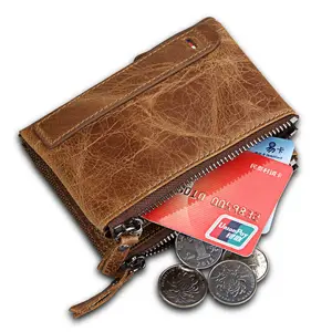 Dompet kulit pria, grosir asli pemblokir RFID dompet pendek ritsleting ganda nol