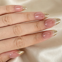Prêt à expédier – 24 faux ongles à presser, style French manucure dorée, rose nude, longs, amande, texturés, métalliques, réutilisables – Vente en gros