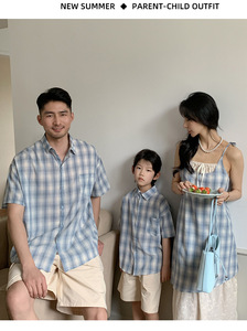 Completo Coordinato Estivo 2026 per Famiglia: Abito Scozzese Mamma e Figlia, Camicia <span class=keywords><strong>Papà</strong></span> e Figlio con Pantaloncini F22M - Product Image 4