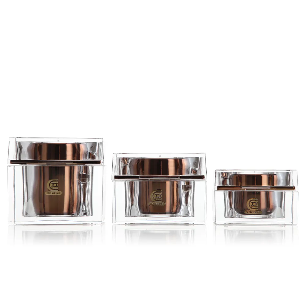 Luxury acrylic cosmetic packaging transparent square cosmetic containers 30g 50g 80g cream jars with bronze gold inner bottle