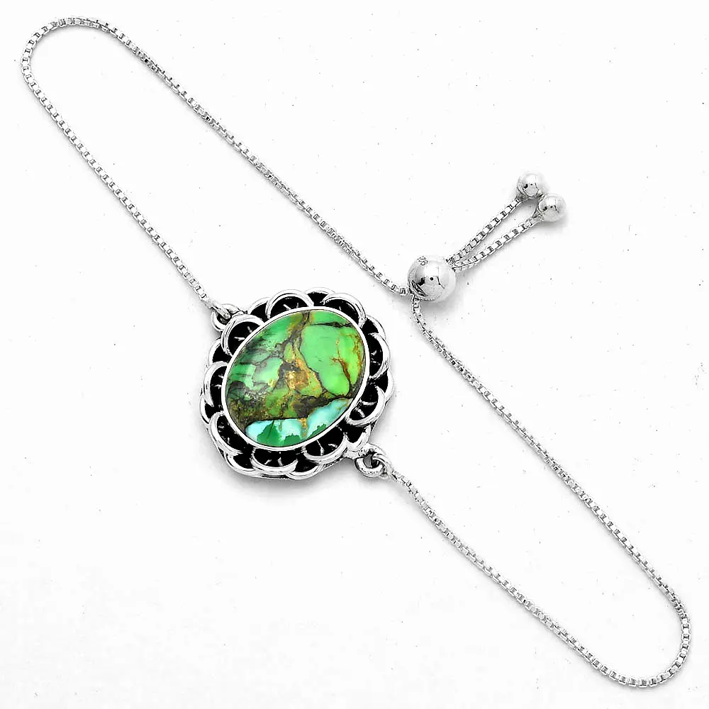Adjustable - Green Matrix Turquoise 925 Silver Slider Bracelet Jewelry SDB3902 B-1020 SDB3711 B-1017 Superior Customized Natural
