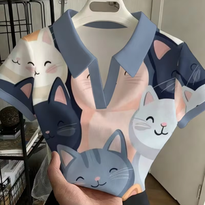 Camisetas Polo de Poliéster con Diseño Elegante de Gatos <span class=keywords><strong>Felidae</strong></span> Felinae, con Dibujos Animados de Gatitos y Bigotes, al por Mayor - Product Image 1