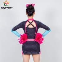 Uniforme de cheerleading personnalisé avec haut à manches longues et jupe, orné de strass bleus et roses, avec logo gratuit
