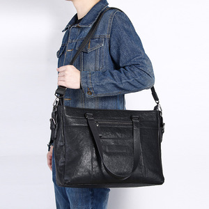 Bolso de mano de cuero genuino para hombre, bandolera de gran capacidad para viajes de negocios, Color sólido negro - Product Image 4