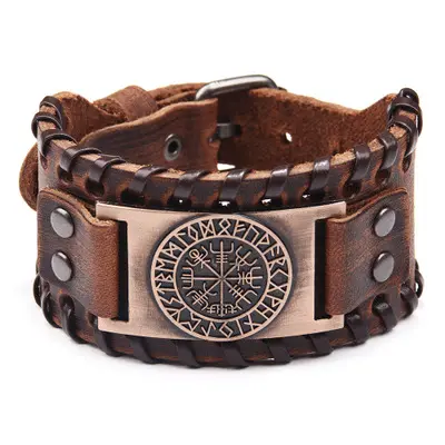 E1067 Men Vintage Handmade Wristband Accessories Wide Leather Viking Bracelet Bangle Jewelry Charm Compass Leather Bracelet