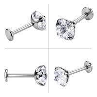 Labret à dos plat fileté intérieurement en Titane G23 ASTM F136, motif Trèfle à quatre feuilles avec Zircon Cubique, 16G, pour piercing Hélix, Tragus, Cartilage, Oreille, Lèvre