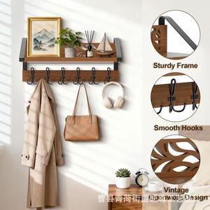 Estante de almacenamiento de madera para montar en la pared con ganchos para baño, sala de estar, dormitorio, perchero, organizador multiusos - Product Image 4