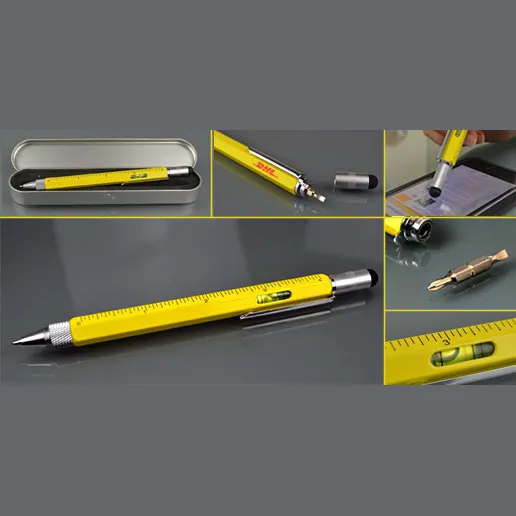 लक्ज़री कस्टम लोगो मल्टी फंक्शन मेटल बॉलपॉइंट राइटिंग पेन स्टाइलस स्पिरिट लेवल स्क्रूड्राइवर्स रूलर 6 इन 1 टूल पेन