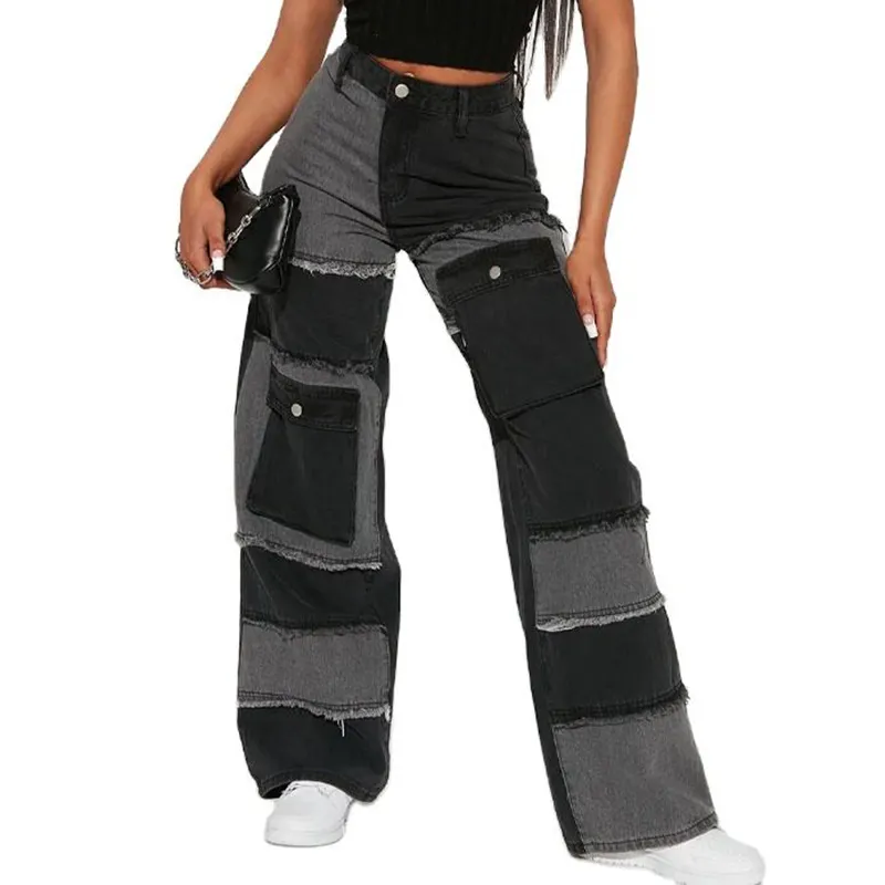 Streetwear yüksek bel zip fly iki ton patchwork ham kenarları fonksiyonel kargo cepler geniş bacak yardımcı baggy kot pantolon