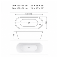 Bañera Ovalada Independiente Personalizada, Blanca, de Fondo Plano, para Renovación de Baños, 150cm 170cm